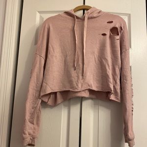 Pink Distressed Cropped Hoodie